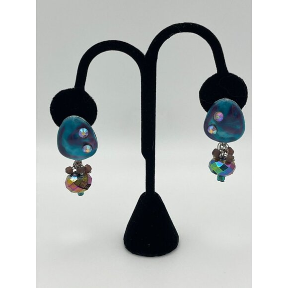 Iridescent Post Back Dangle Earrings Blues Greens Pinks 2" - Picture 1 of 6